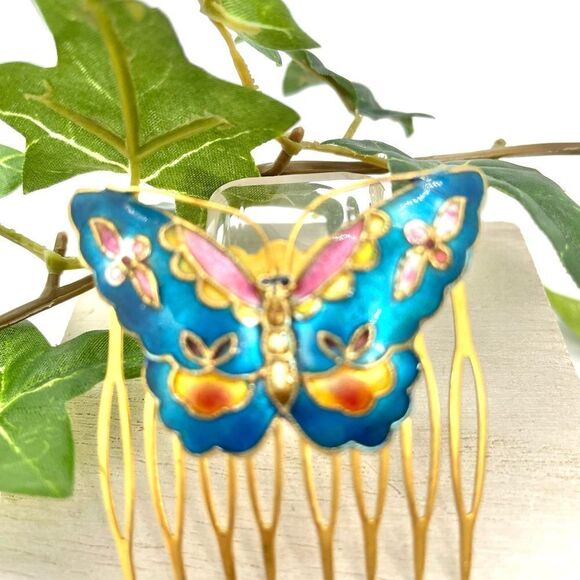 Vintage Enamel Butterfly Floral Hair Comb Gold Blue - Picture 2 of 11